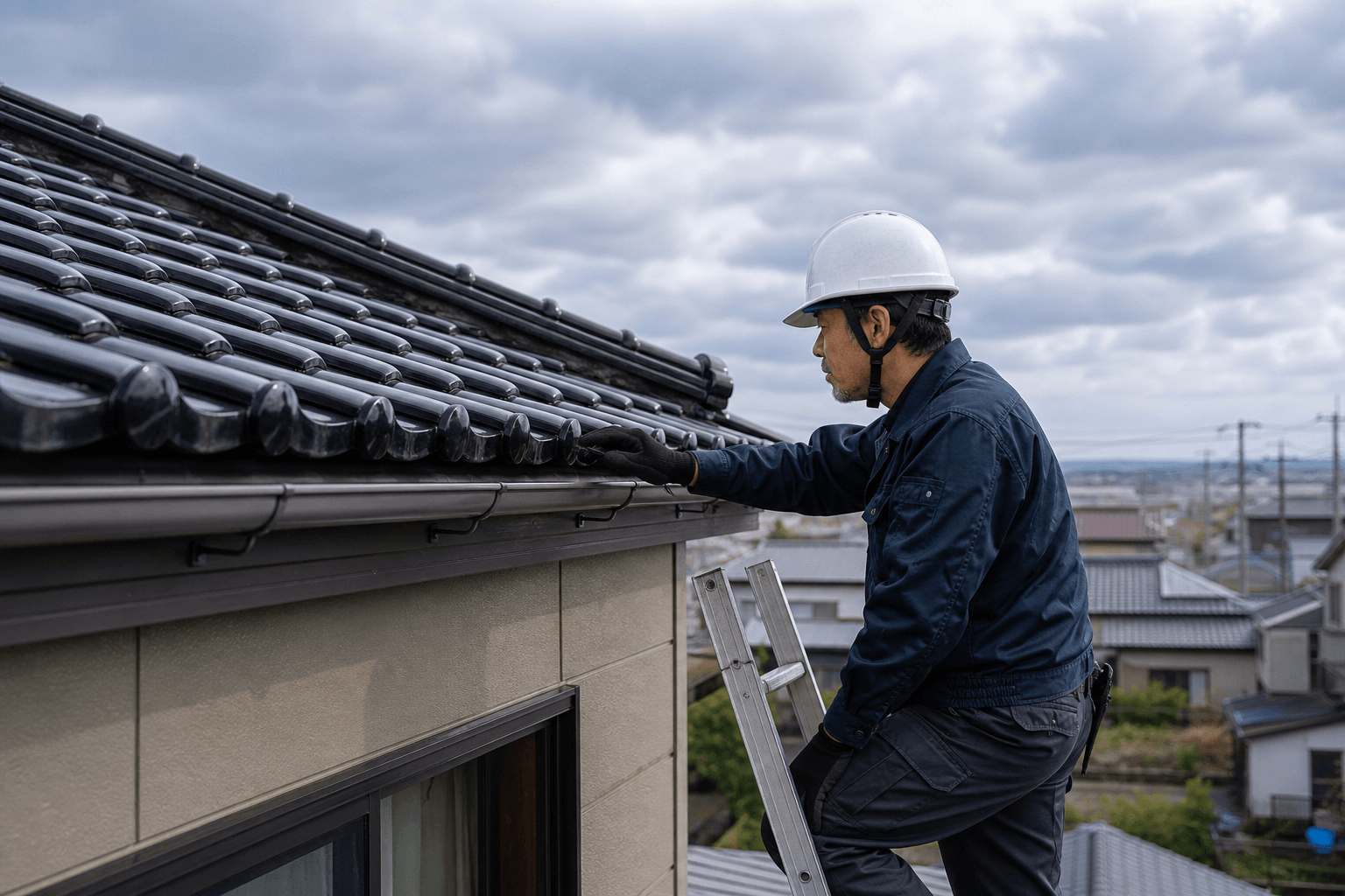 住宅屋根と雨樋を点検するスタッフ