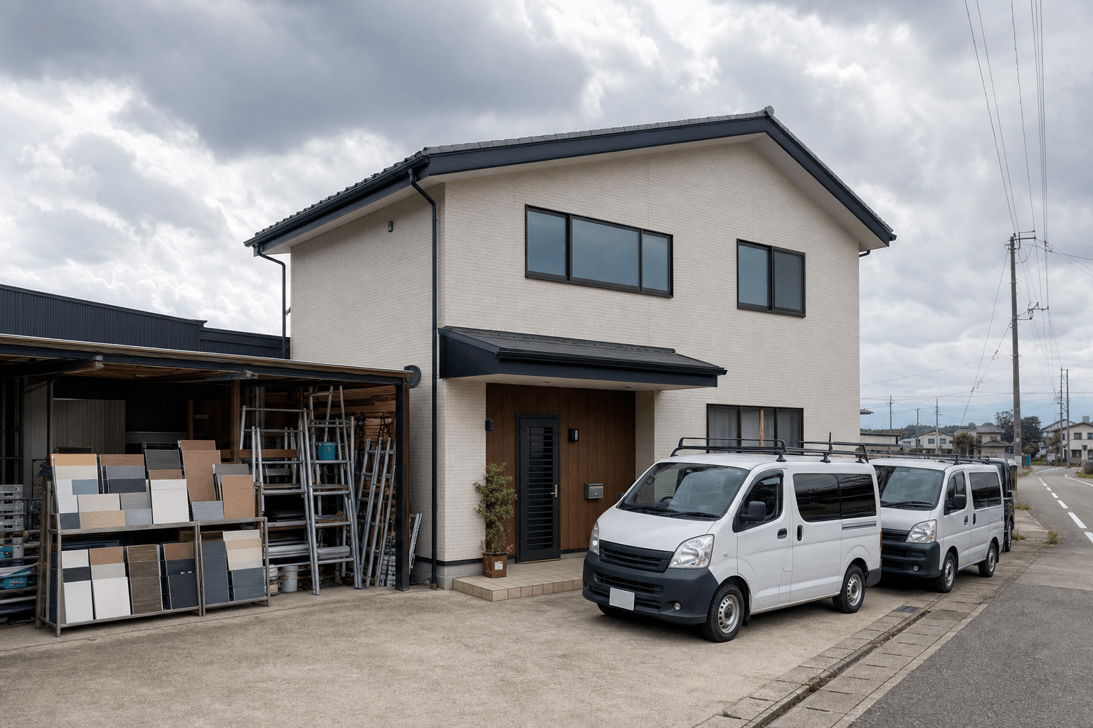 外壁リフォーム会社の社屋と作業車