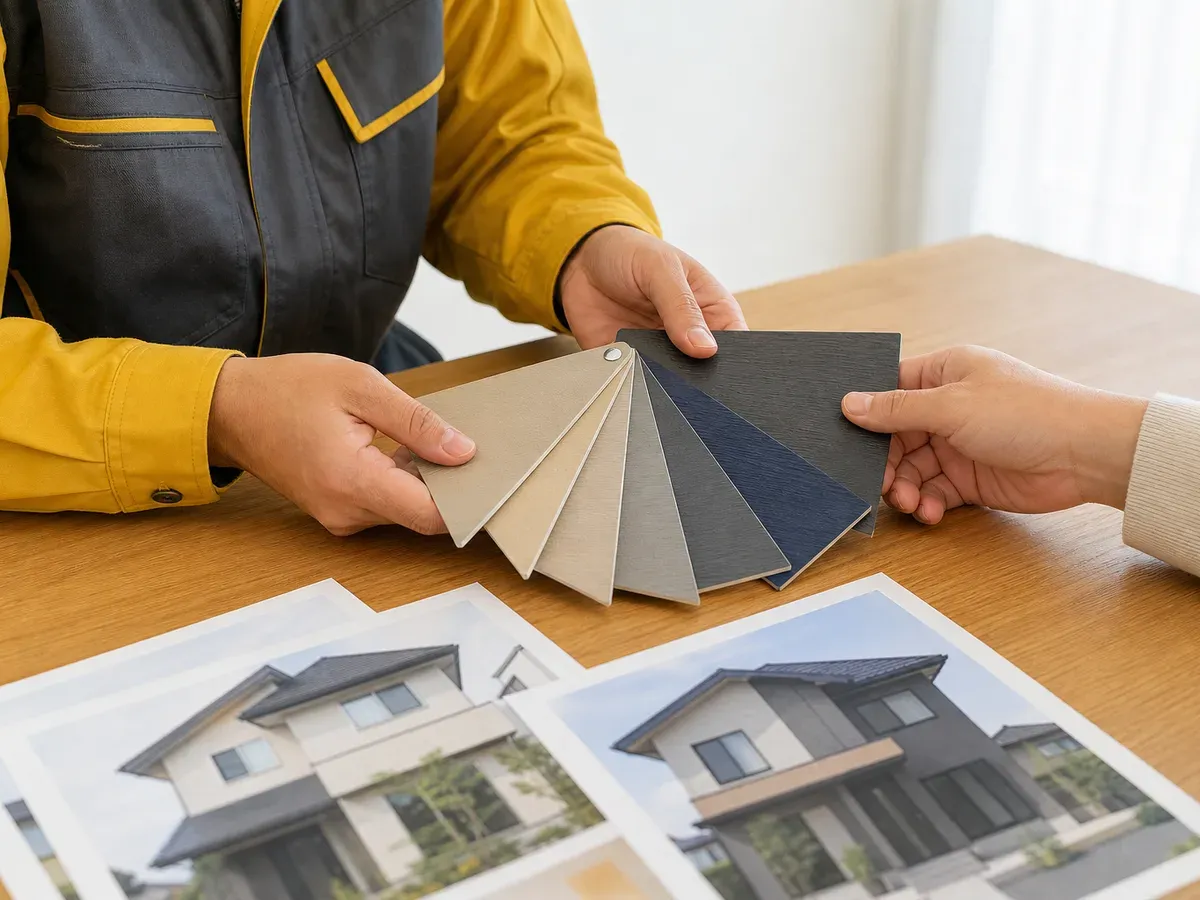 外壁と屋根の色見本を住宅写真と見比べる相談の手元