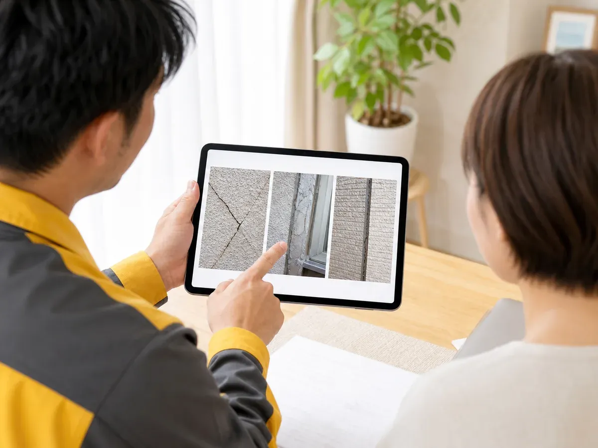 タブレットの外壁劣化写真を確認するセカンドオピニオン相談