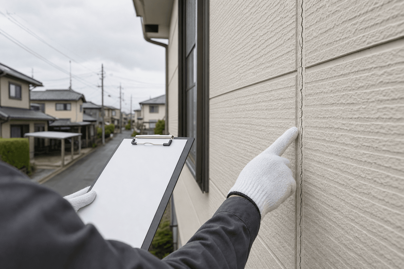 金沢市の外壁調査でシーリングのひび割れを指差し確認する様子