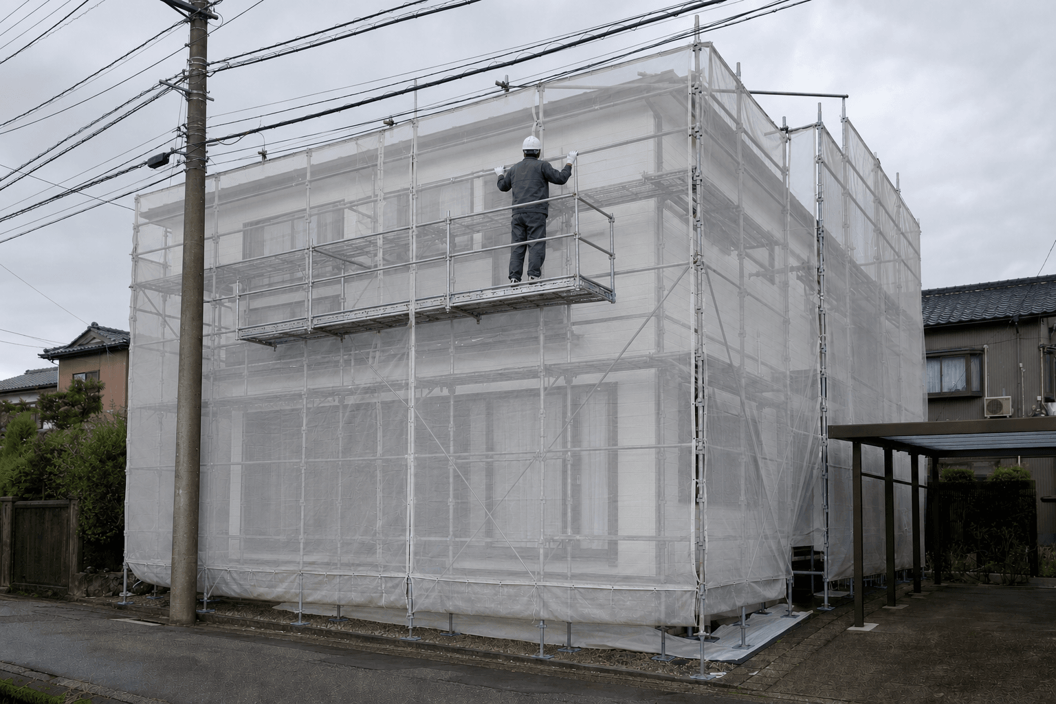 金沢市の外壁塗装現場で足場とメッシュシートを設置した住宅