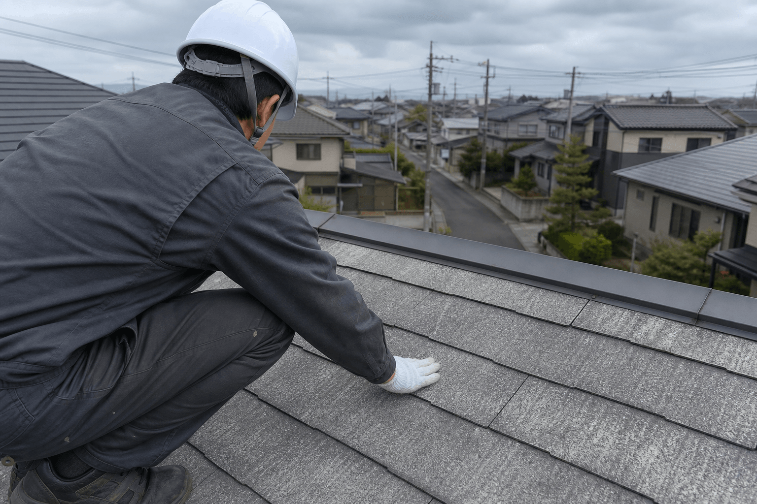 白山市の屋根点検で退色したスレート屋根を確認する様子