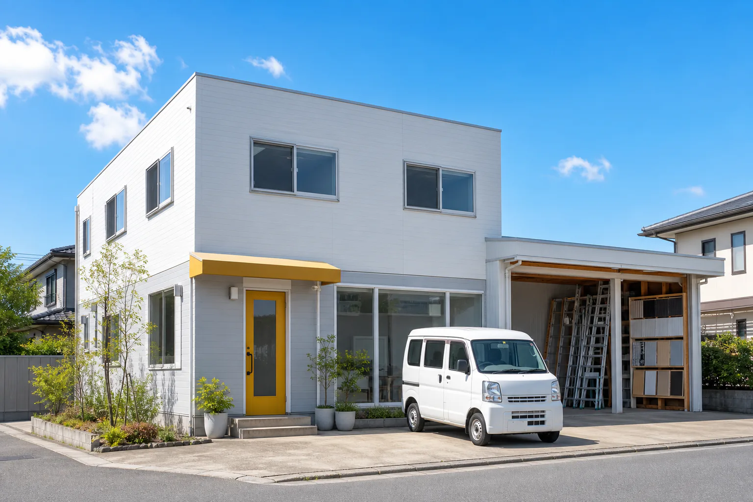 青空の下にある外壁ラボの社屋イメージと作業車