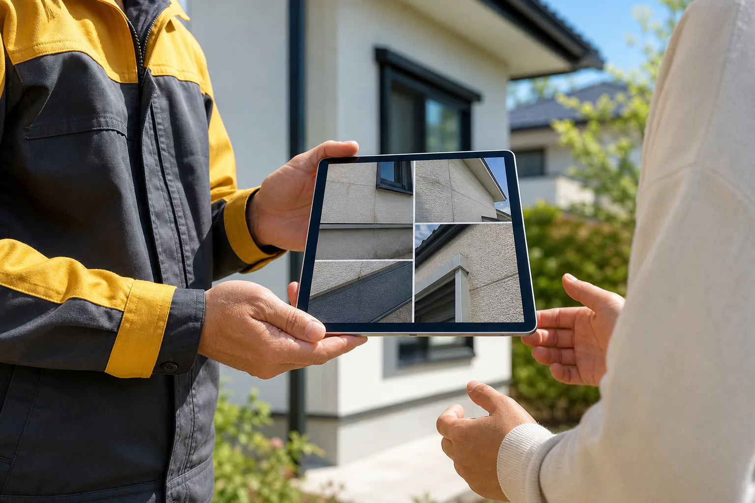住宅の外壁写真をタブレットで見ながら説明するスタッフとお客様