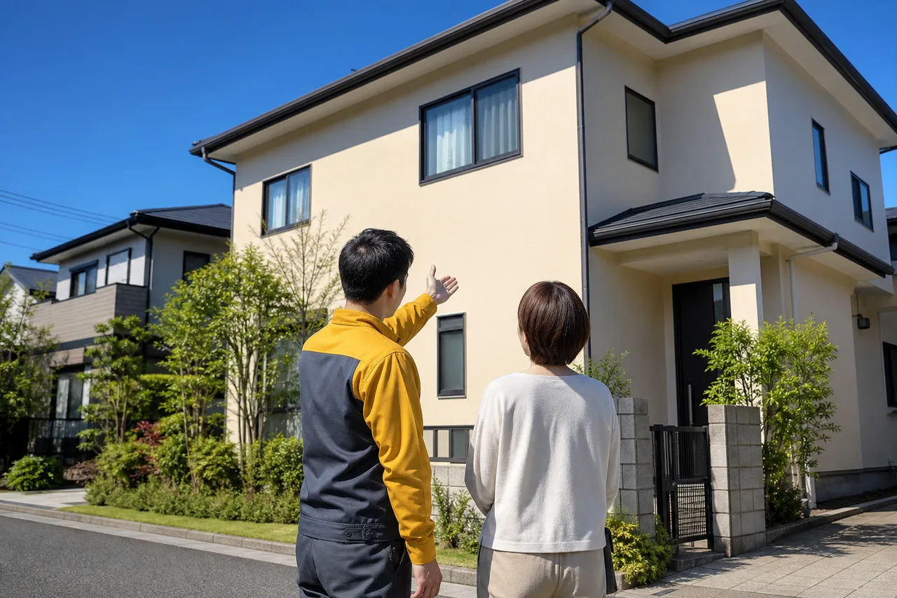 塗装を終えた住宅の前で外壁を確認するスタッフとお客様