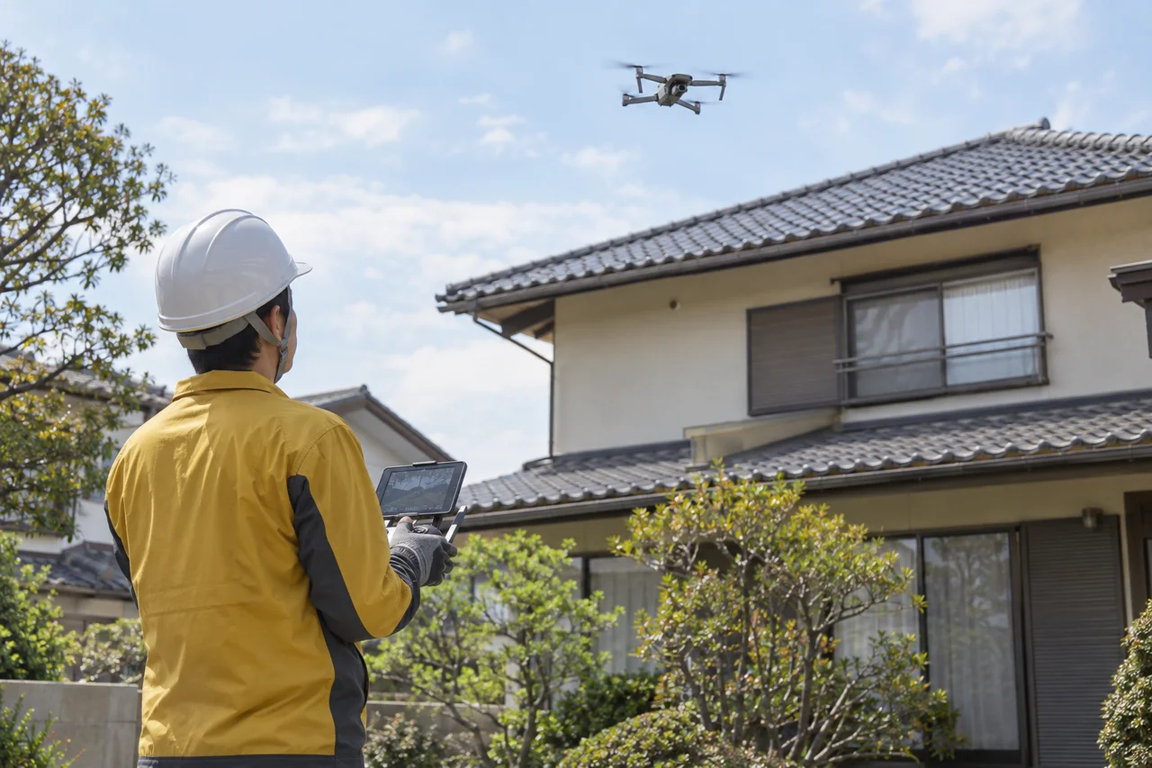 住宅の屋根付近でドローンを飛行させて確認するイメージ