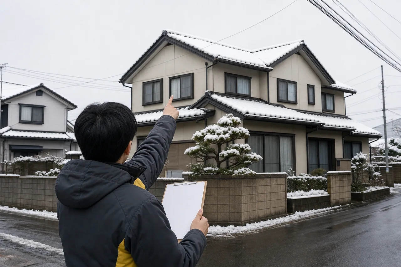 雪が積もった屋根を道路から点検する外壁ラボのスタッフ