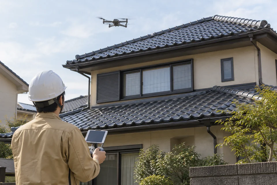 住宅の屋根を小型ドローンで確認する説明用イメージ