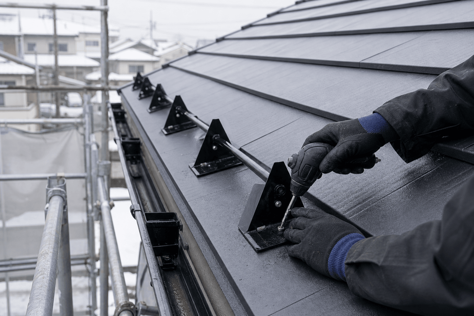 住宅屋根に雪止め金具を取り付ける手元