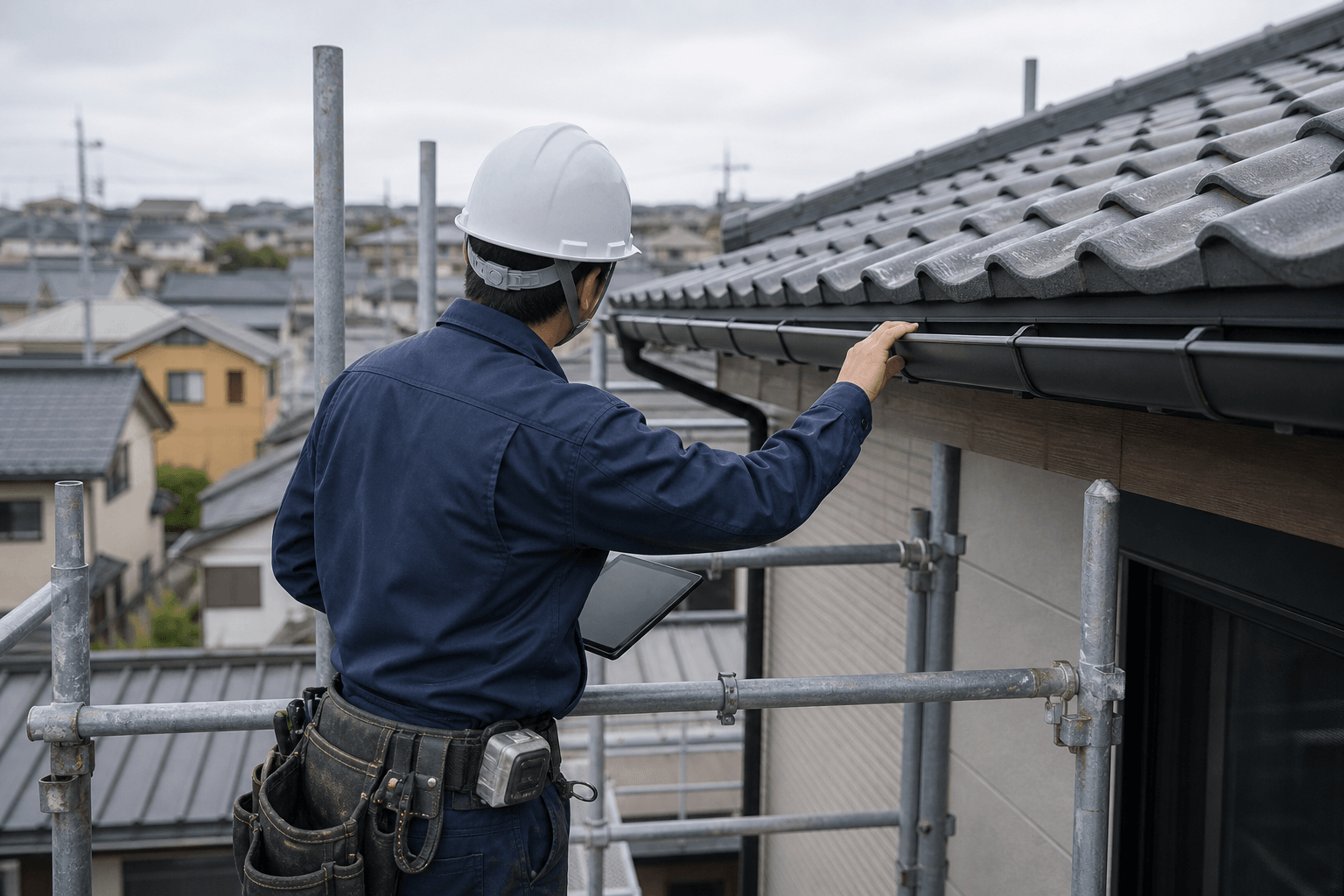 屋根まわりを確認する施工管理スタッフの後ろ姿