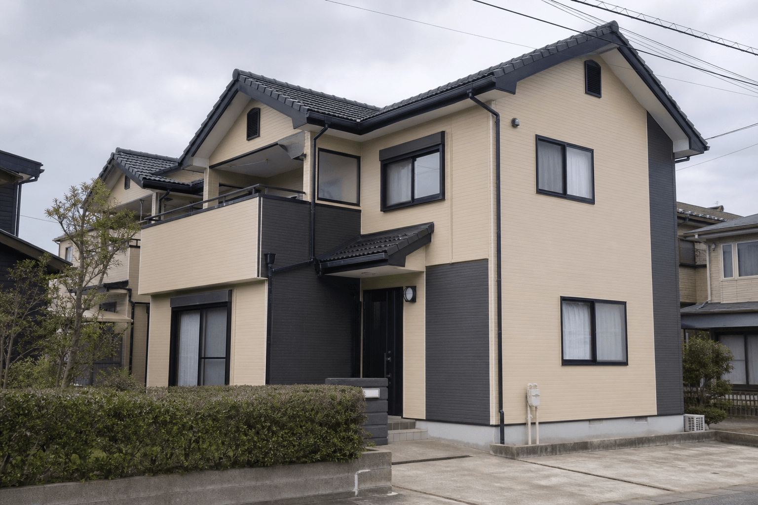 金沢市の外壁塗装施工後のベージュとチャコールで整えた住宅外観