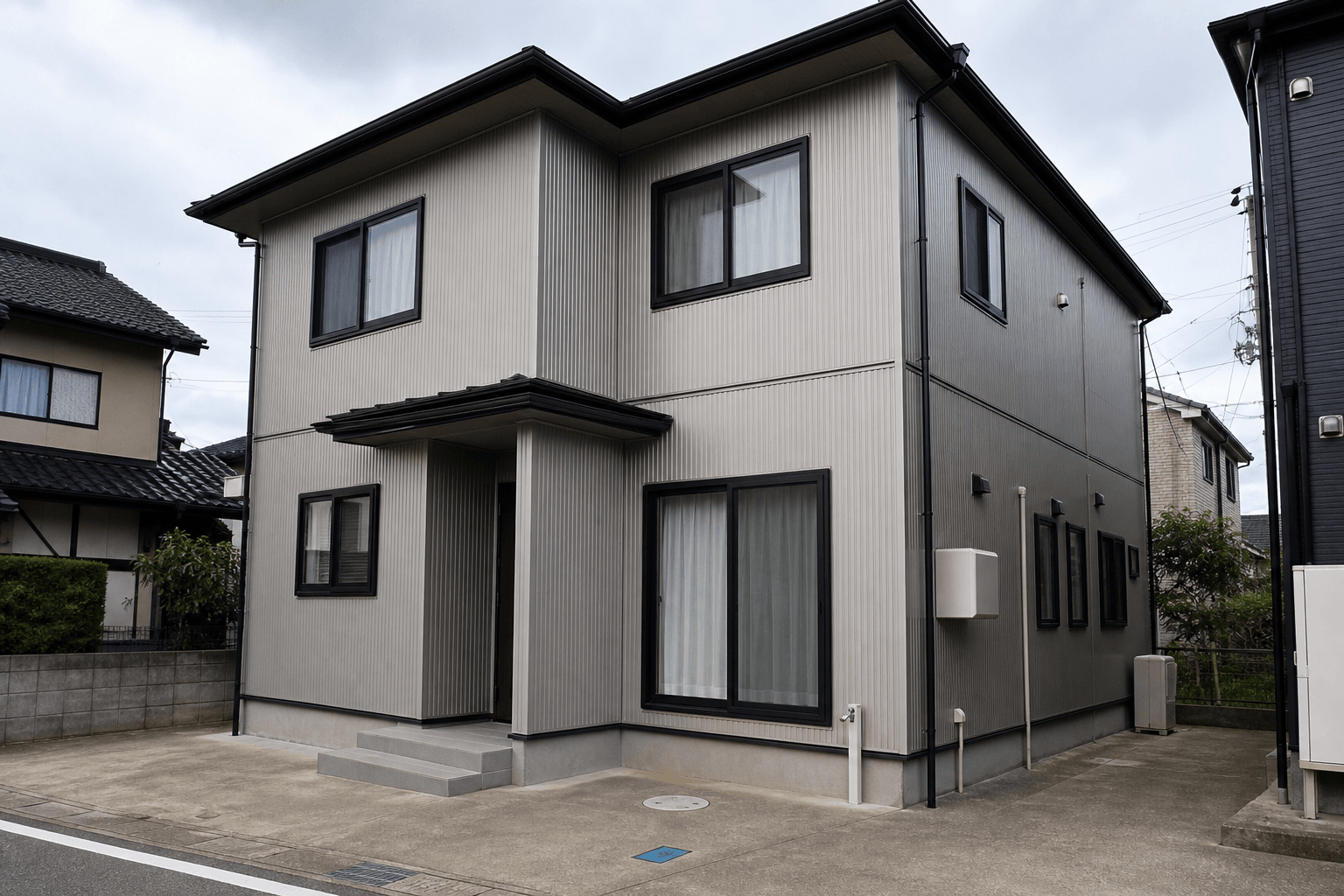 野々市市の外壁カバー工法施工後の金属サイディング外観